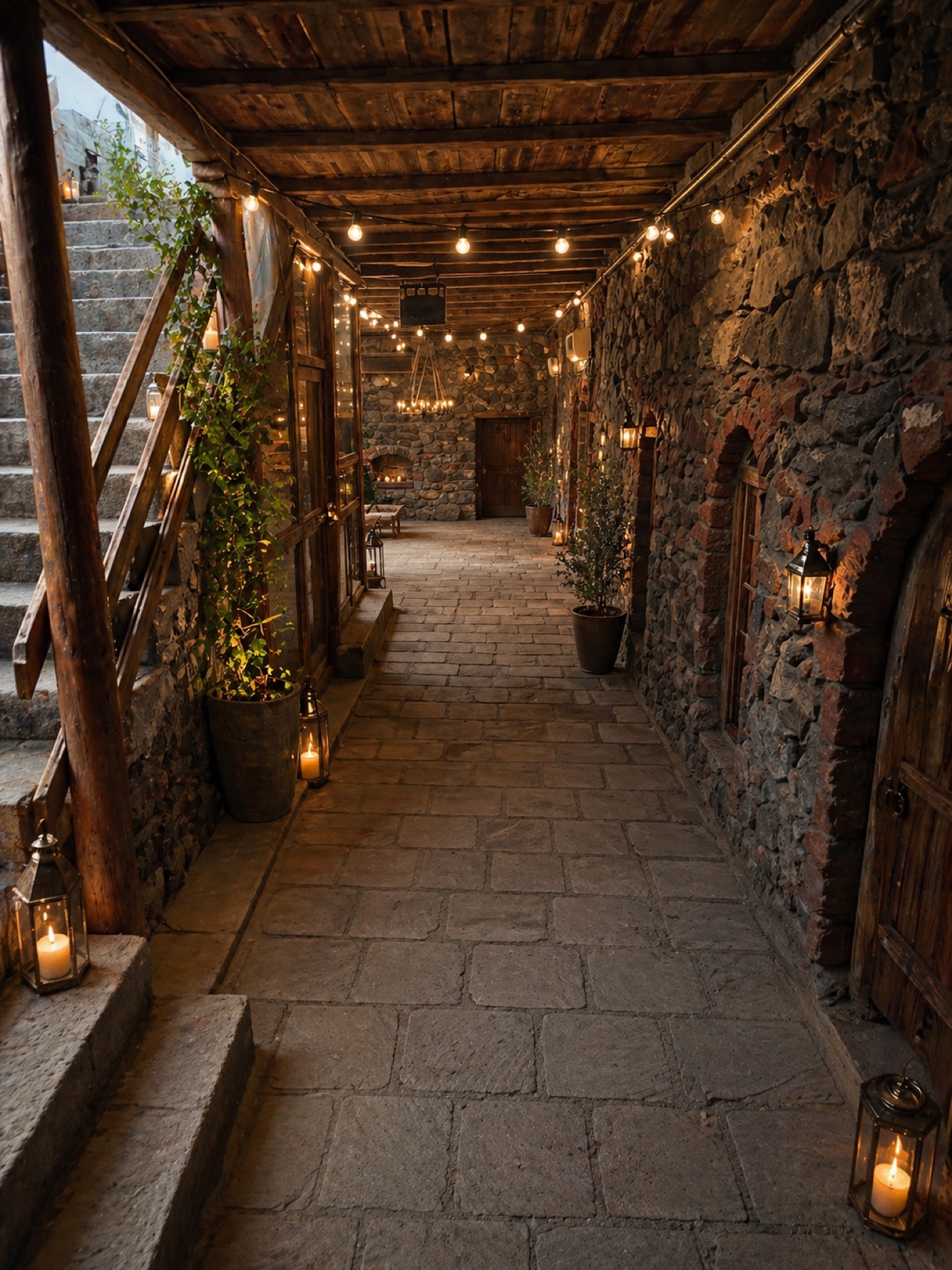 A stone passageway at Norq Garden Gallery lit by a line of warm hanging bulb lights and candle lanterns, leading toward a wooden door at the end