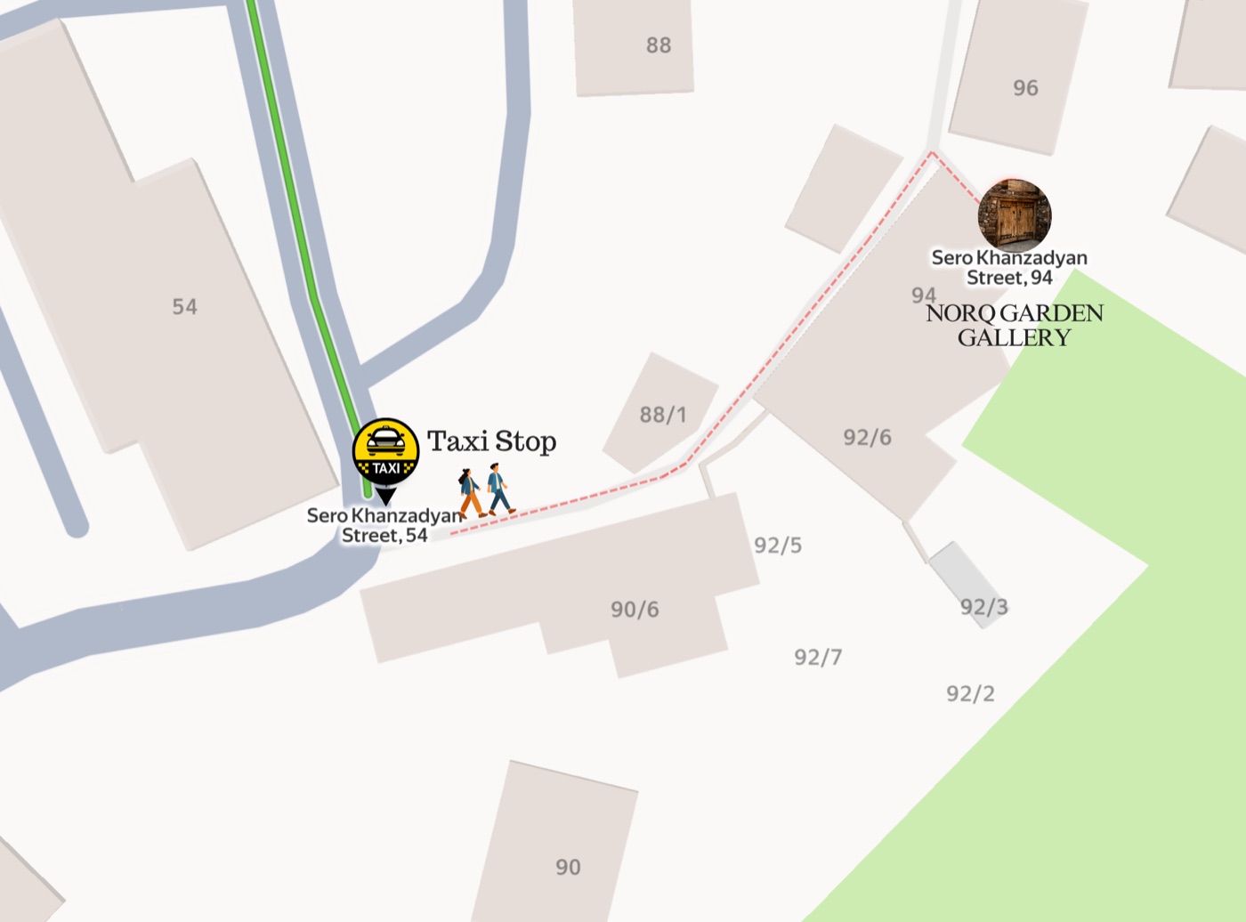Map showing the walking route from the taxi stop at 54 Sero Khanzadyan Street along a lane to the gate of Norq Garden Gallery at 94 Sero Khanzadyan Street, Old Nork, Yerevan